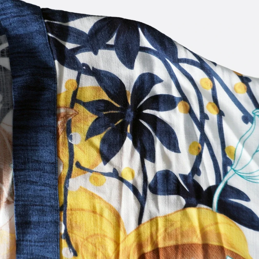 Chico's 100% Rayon Kimono Cardigan L XL 1X 12 14 Mustard Indigo Floral Boho Plus